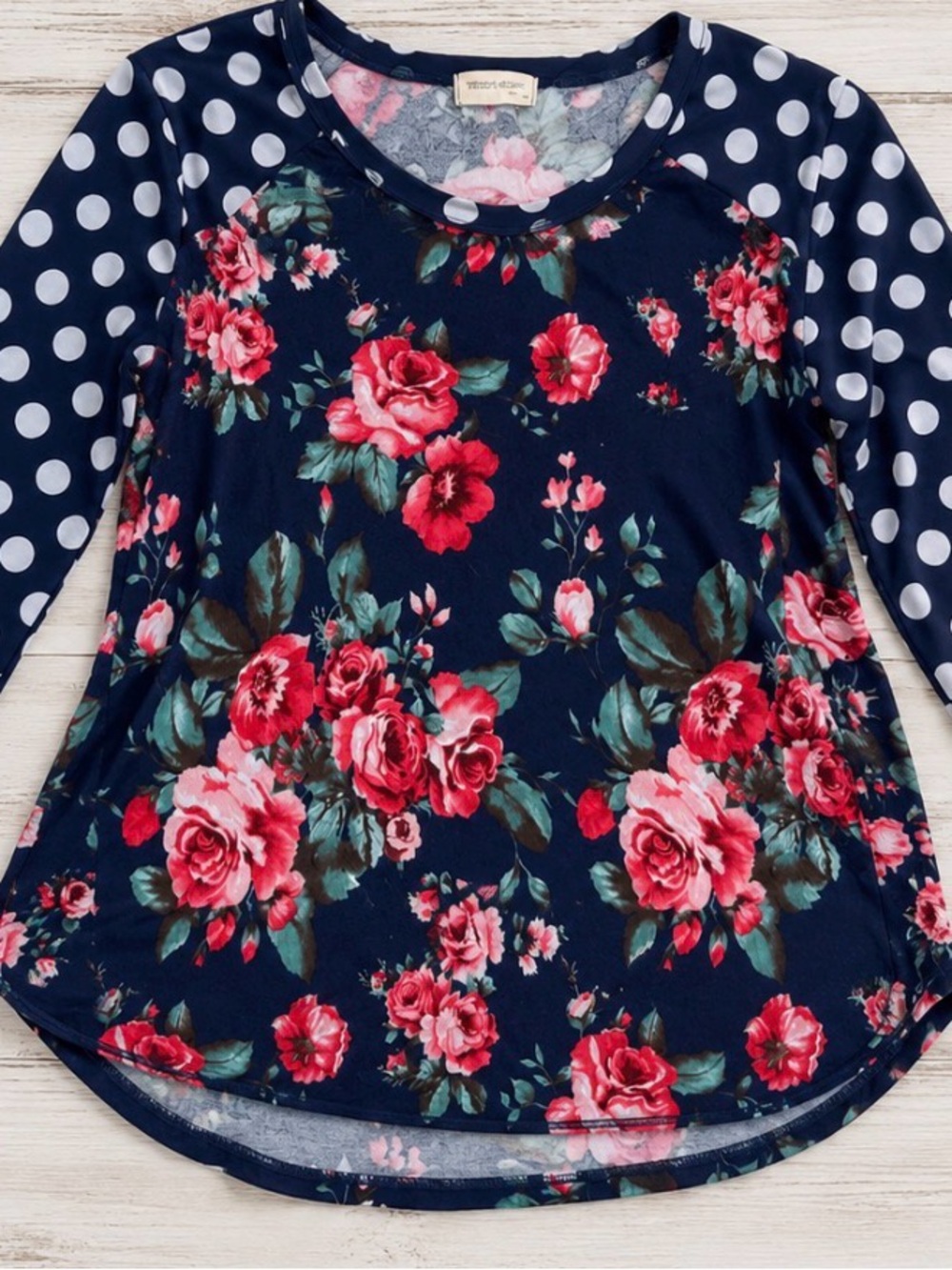Papaya Navy Floral Raglan Long Sleeve Top with Polka Dot Sleeves